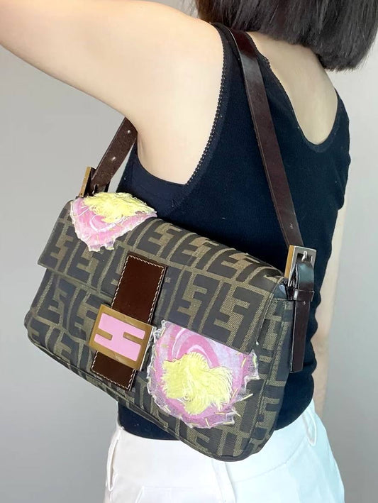Fendi Embroidered Flower Baguette Pink FF Buckle