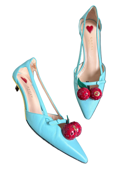Gucci Turquoise Leather Cherry 45mm Unia Pumps Heels