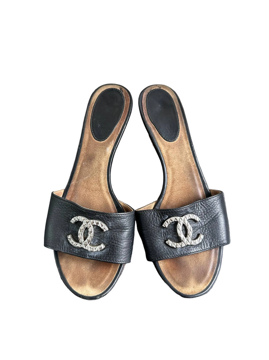 Chanel CC Black Leather Mules Heels