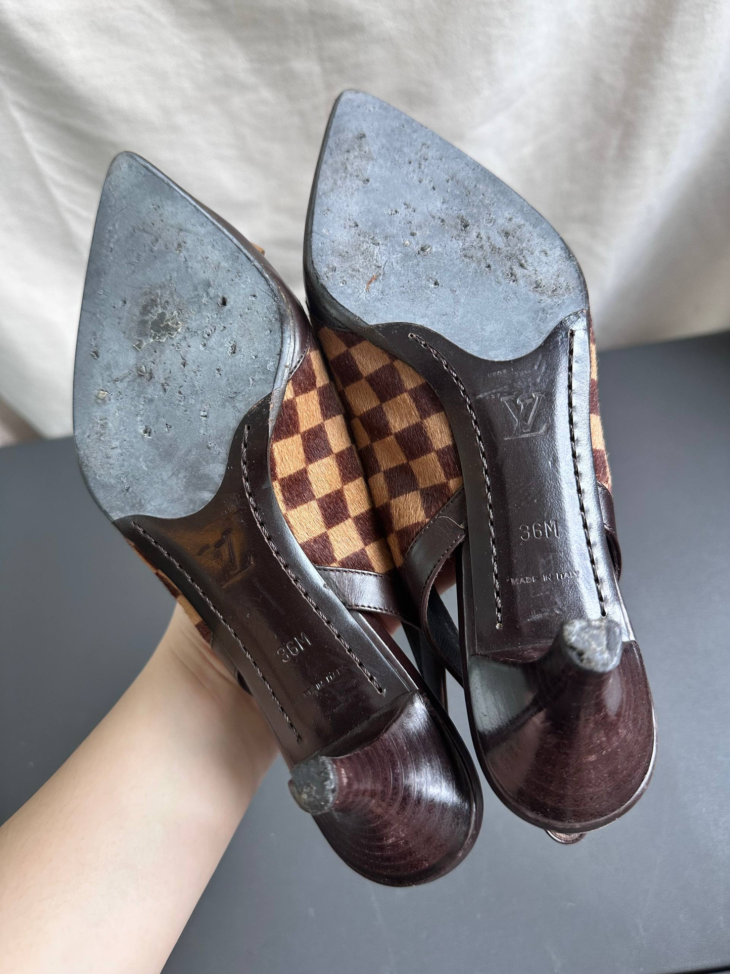 Louis Vuitton Vintage Damier Pony Hair Slingback Kitten Heels