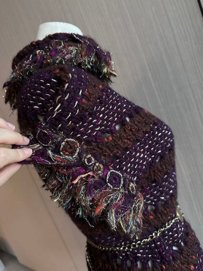 Rare Chanel Egyptian Runway Show Gold Thread Purple Tweed Woven Dress