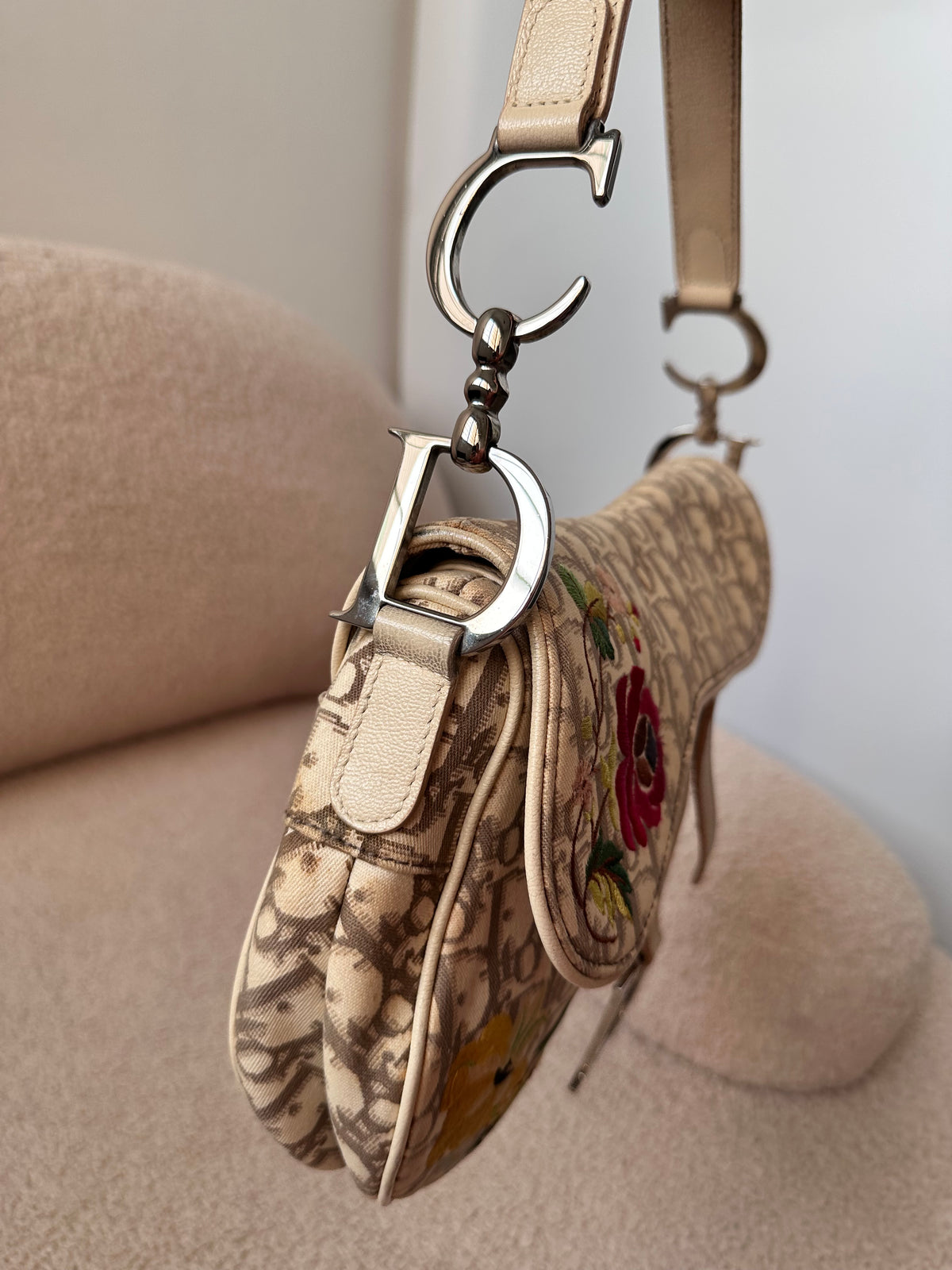 Dior 2005 John Galliano Vintage Embroidery Flower Trotter Saddle Bag