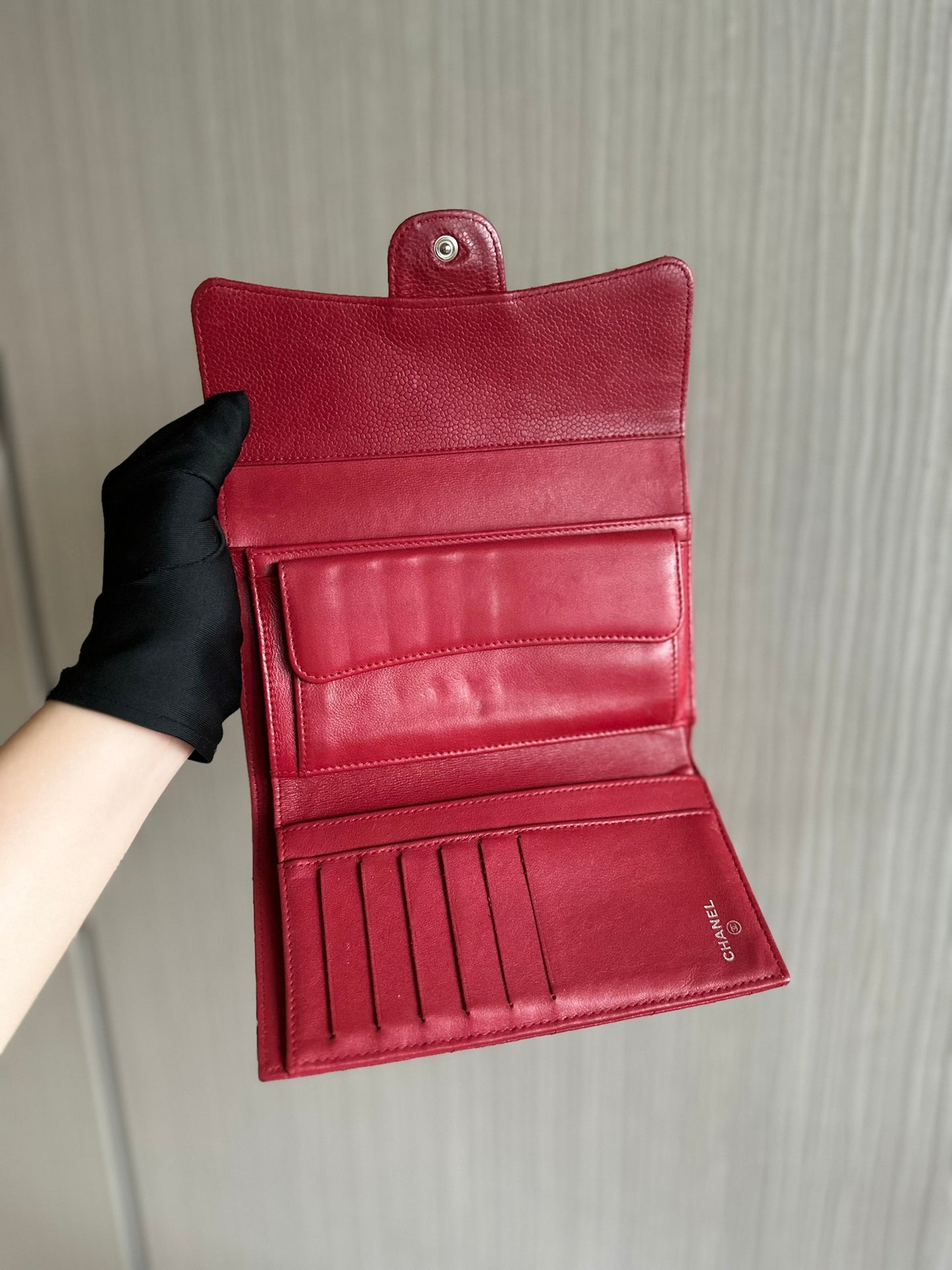 Chanel Caviar Classic Trifold Long Wallet Red Silver Hardware