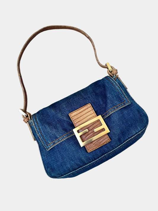 Fendi Vintage Blue Denim Lizard Trim Baguette