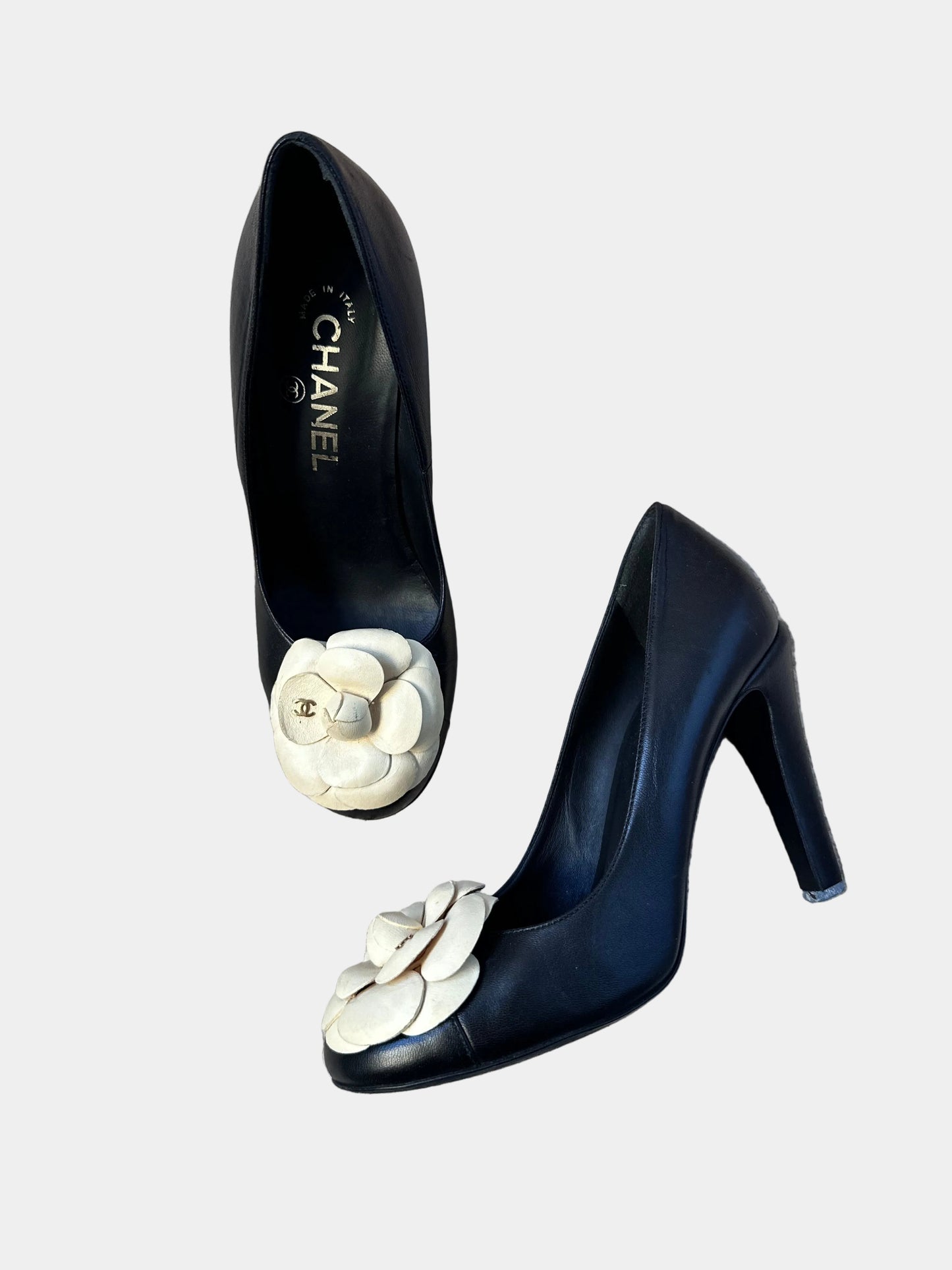 Chanel Camellia Black Leather Pumps Heels (Size 37.5)