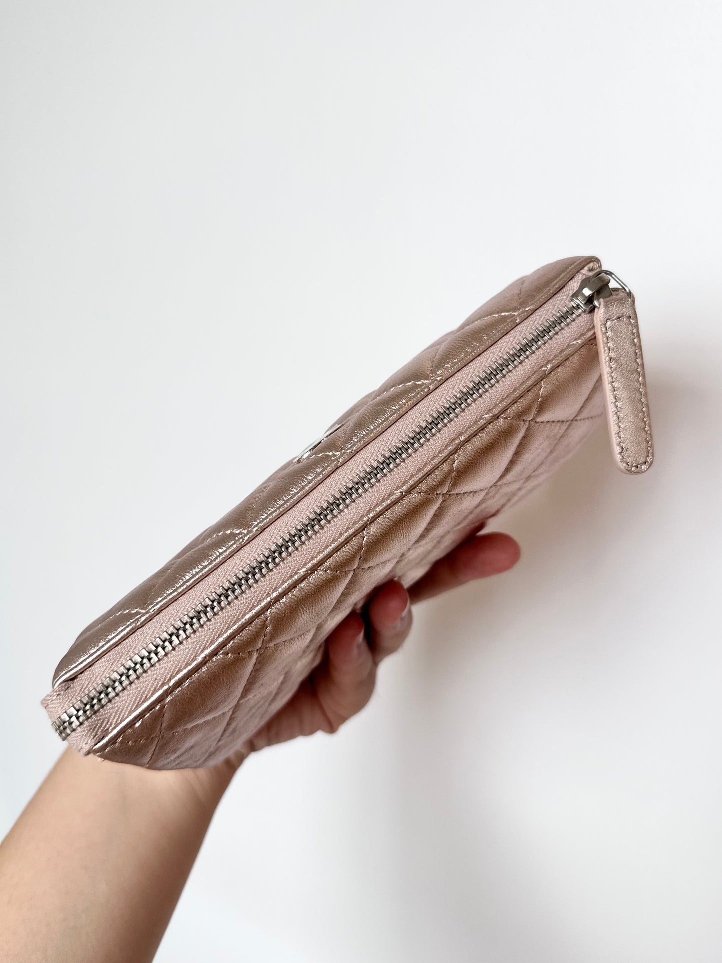 Chanel Quilted O Case Metallic Pink Rose Gold Zip Pouch