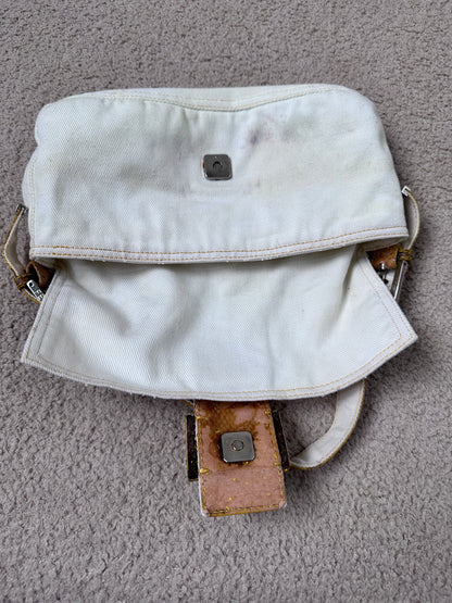Fendi Yellow Python Trim White Canvas Baguette