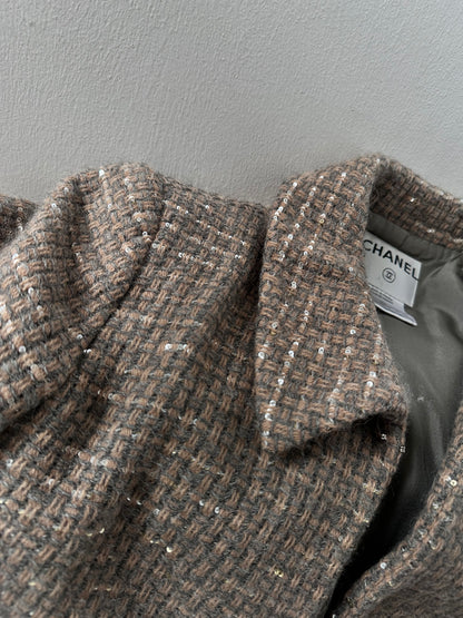 Chanel Runway Coat 00A Gold Beige Sequins Tweed Wool Long Jacket