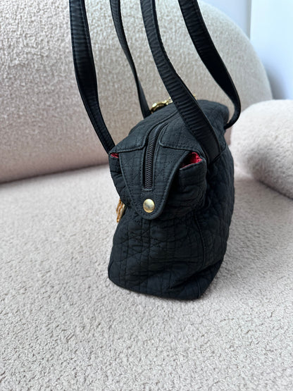 CHRISTIAN DIOR Lady Dior Cannage Preppy Shoulder Camera Tote - Black Nylon / Gold Hardware