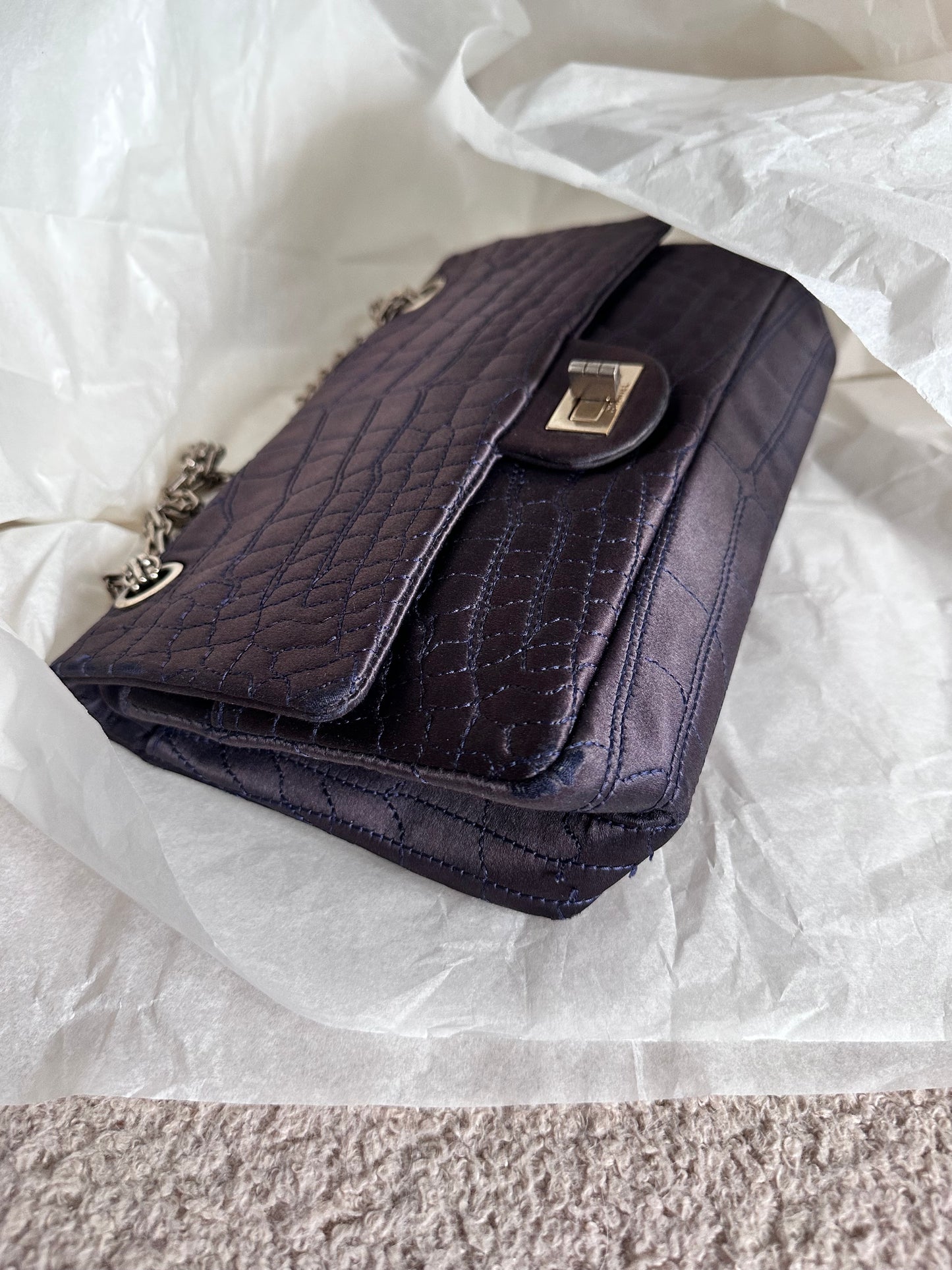 RARE Chanel Croc-Embossed Medium Double Flap 2.55 Reissue - Navy Satin, Fabric