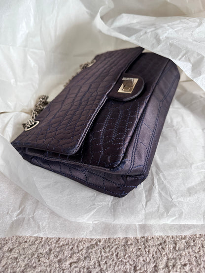 RARE Chanel Croc-Embossed Medium Double Flap 2.55 Reissue - Navy Satin, Fabric