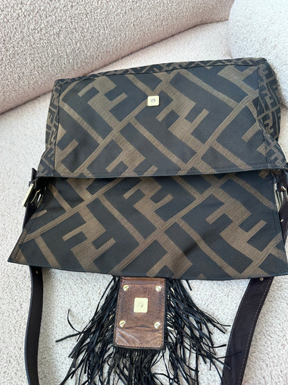 Archive Fendi Maxi Tobacco Zucca Fringe Baguette