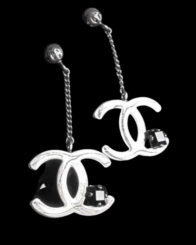 Chanel Classic CC Silver Dangling Earrings With Black Crystal