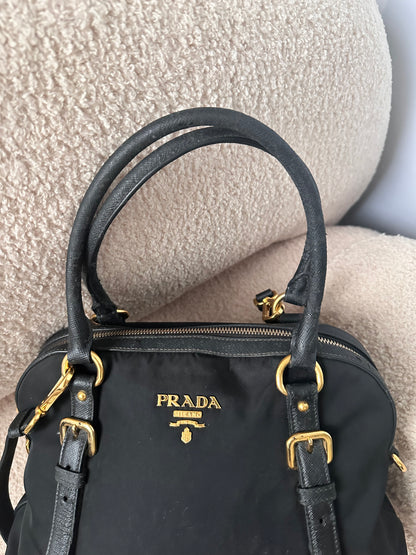 Prada Black Tessuto Leather Trim Top Handle Bag with Strap