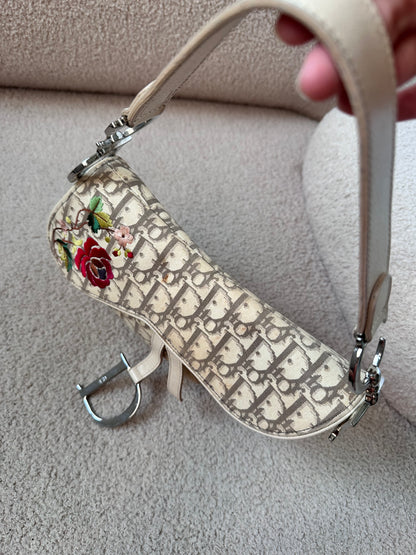Dior 2005 John Galliano Vintage Embroidery Flower Trotter Saddle Bag