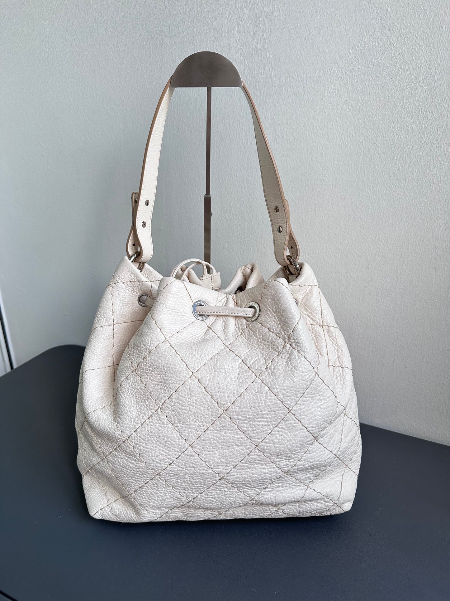 Chanel Maxi Hobo Caviar Bucket Shoulder Bag - Cream Beige / Silver Hardware
