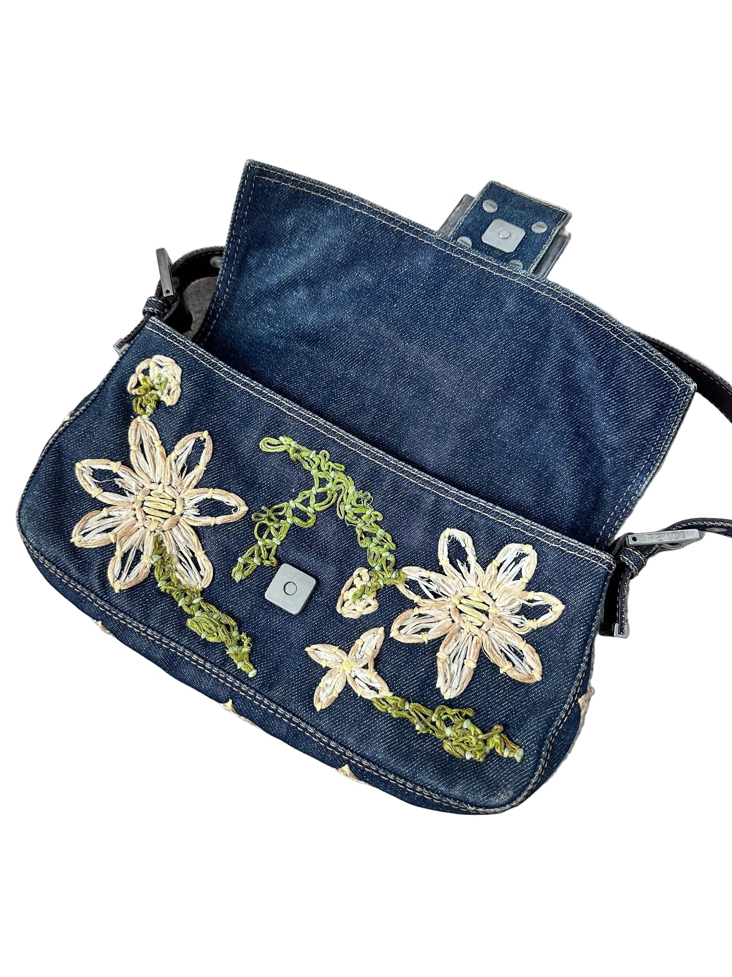 Fendi Floral Embroidered Denim Baguette