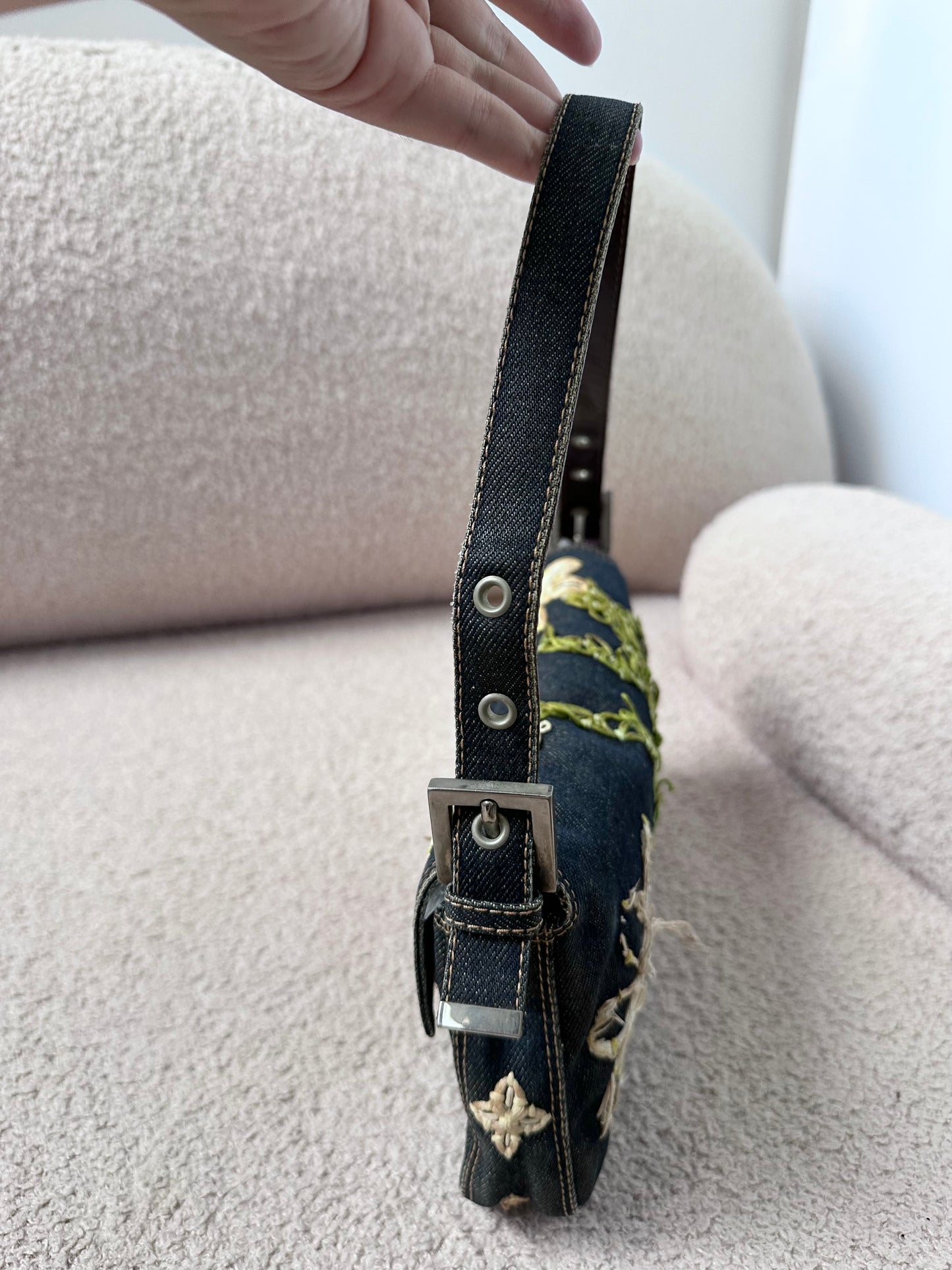 Fendi Floral Embroidered Denim Baguette