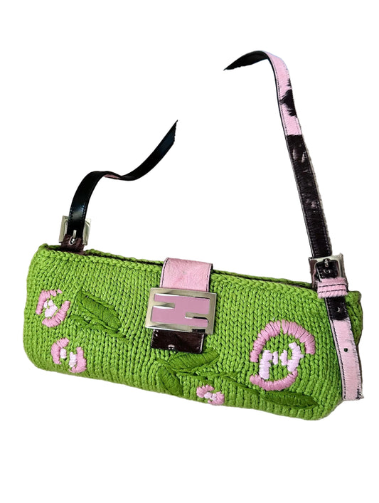 Ultra Rare Fendi Archive Crochet Floral Pony Hair Cow Print Baguette