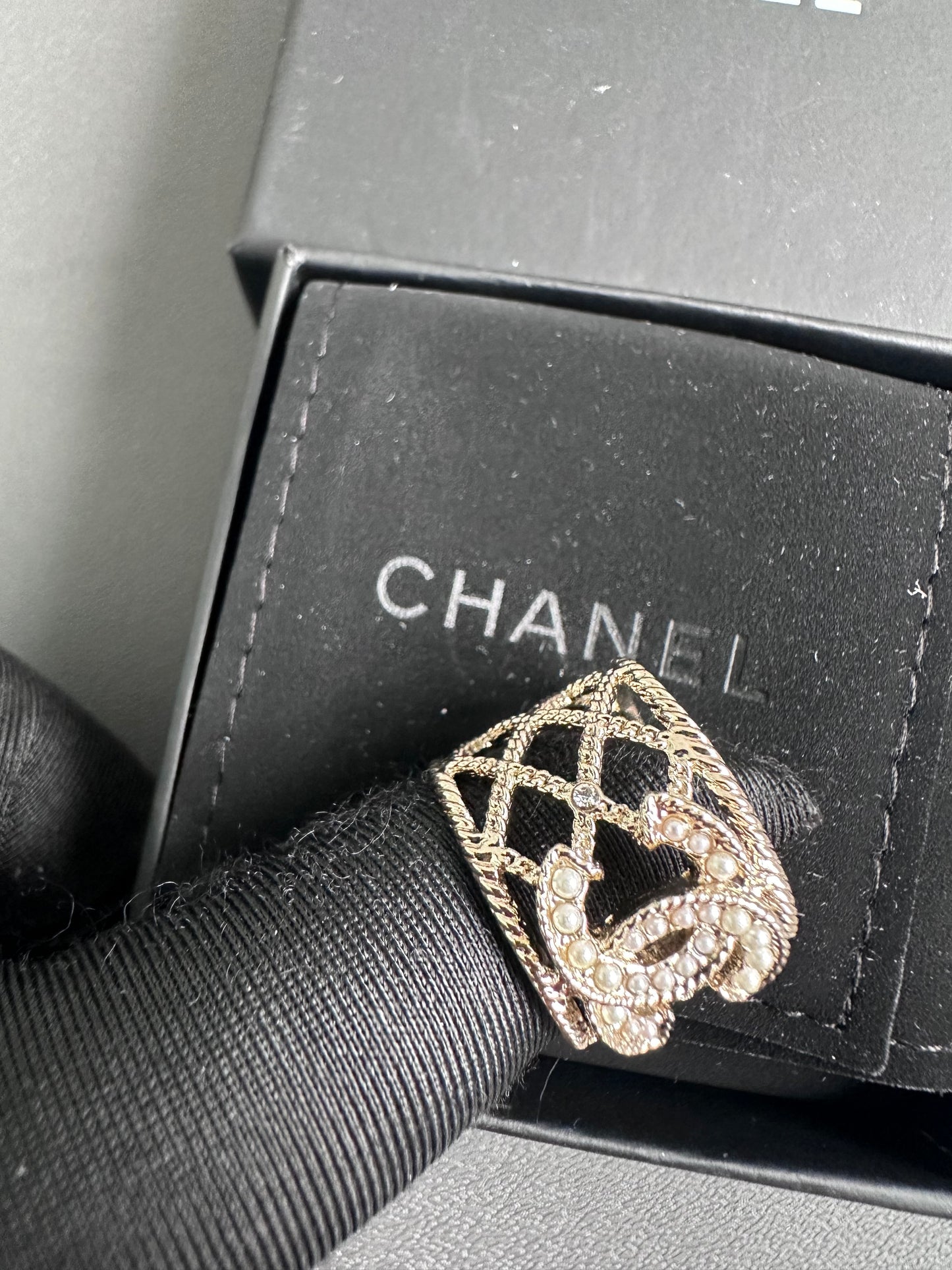 Chanel CC Pearl Mesh Ring Light Gold Hardware