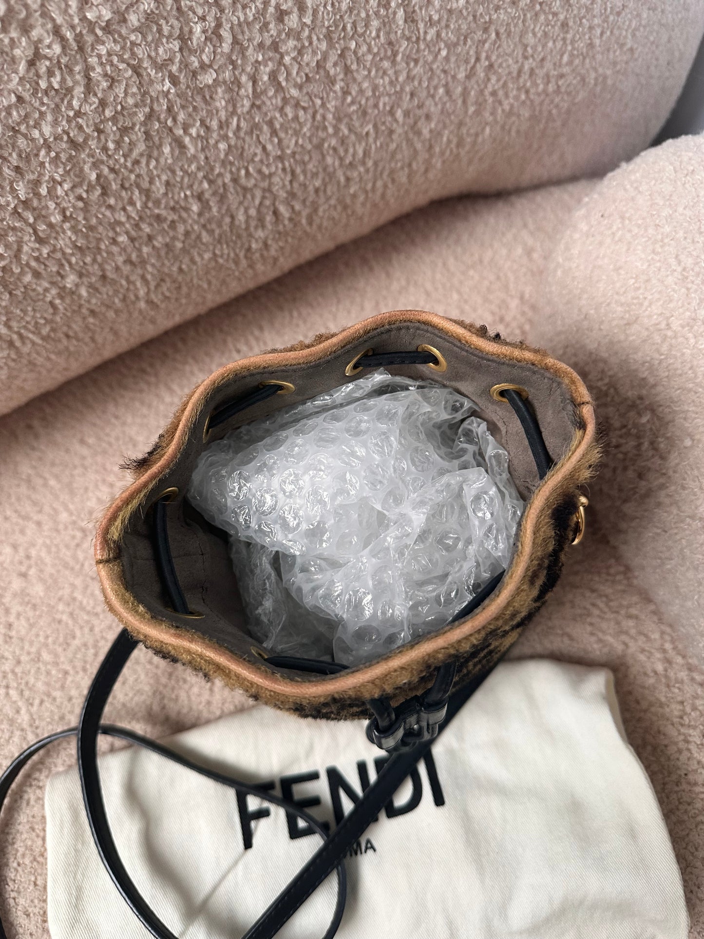 Fendi Mon Tresor FF Monogram Fur Shearling Bucket Bag