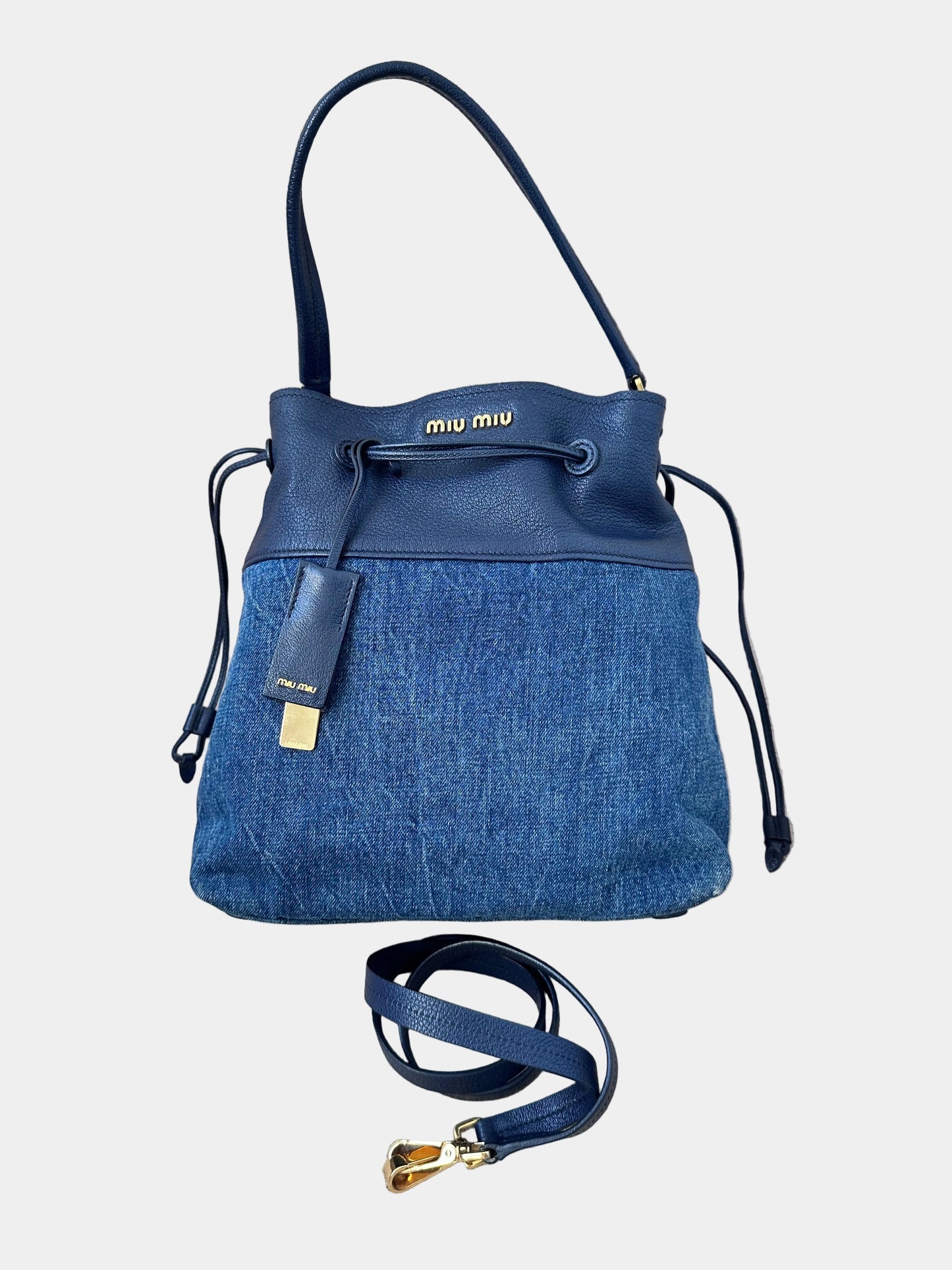 Miu Miu Leather Denim Drawstring Shoulder Bag
