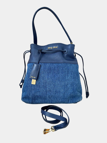 Miu Miu Leather Denim Drawstring Shoulder Bag