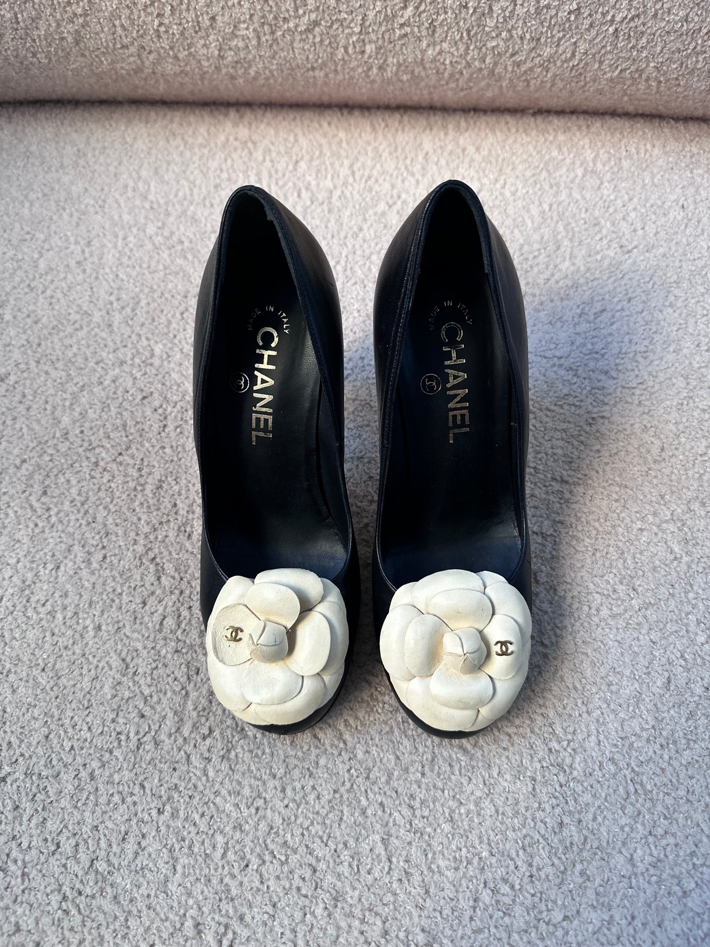 Chanel Camellia Black Leather Pumps Heels (Size 37.5)