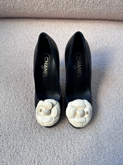 Chanel Camellia Black Leather Pumps Heels (Size 37.5)