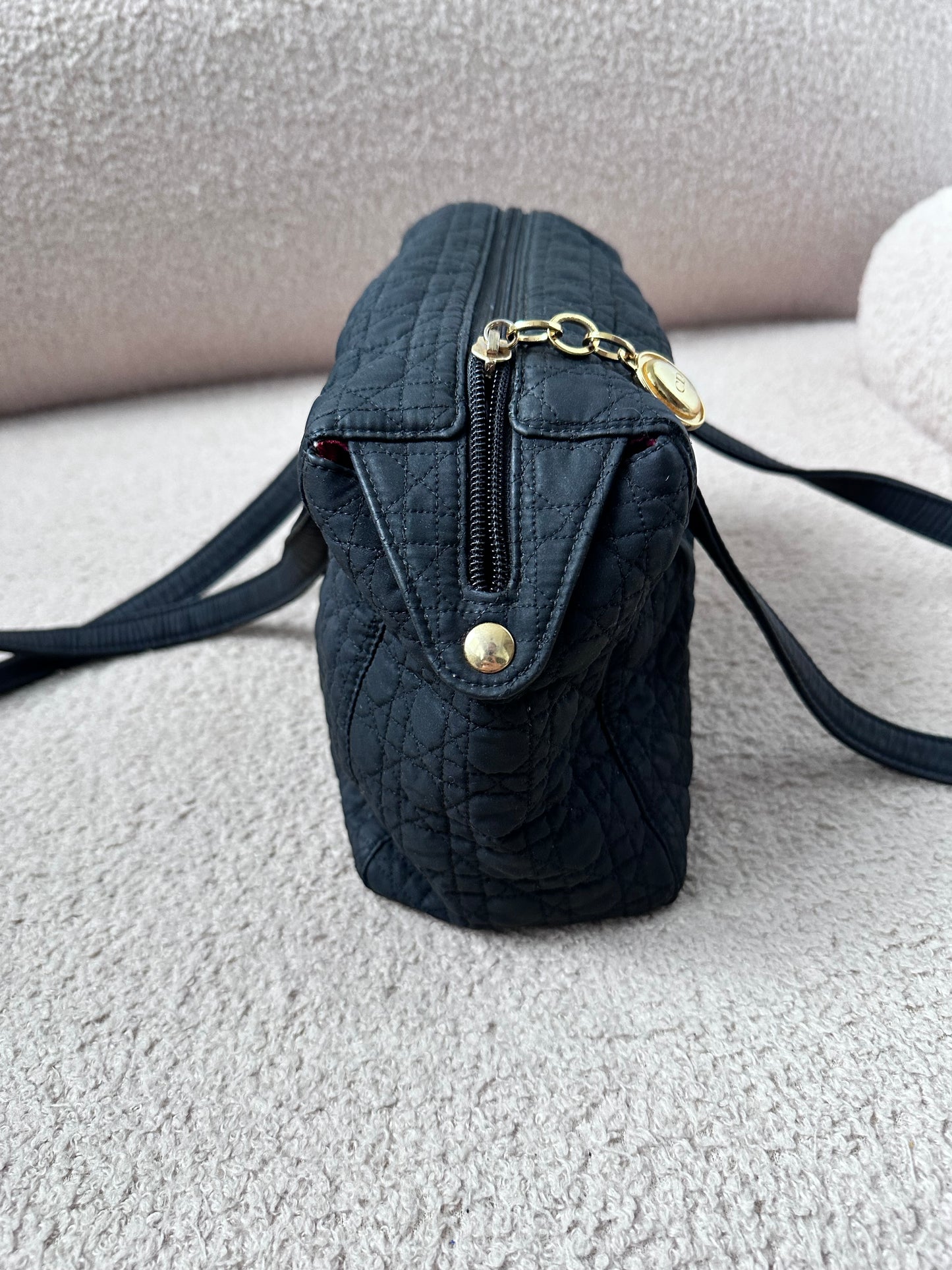 CHRISTIAN DIOR Lady Dior Cannage Preppy Shoulder Camera Tote - Black Nylon / Gold Hardware