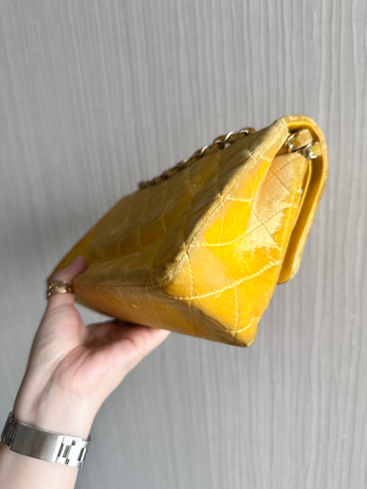 Chanel Medium Classic Flap Yellow Velvet Leather