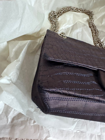 RARE Chanel Croc-Embossed Medium Double Flap 2.55 Reissue - Navy Satin, Fabric