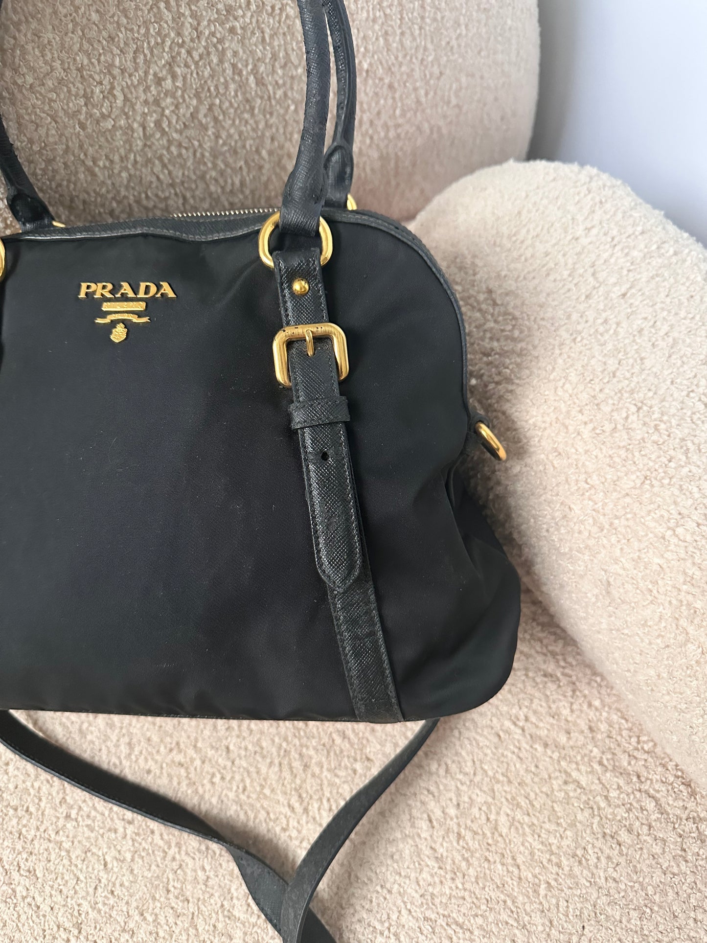 Prada Black Tessuto Leather Trim Top Handle Bag with Strap