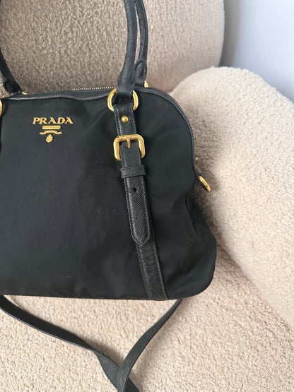 Prada Black Tessuto Leather Trim Top Handle Bag with Strap