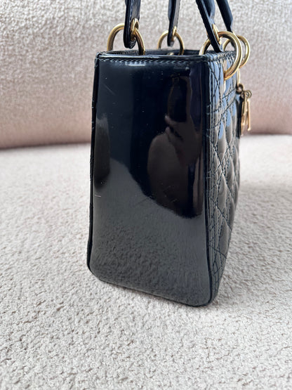 Christian Dior Lady Dior Medium Black Patent Gold Hardware