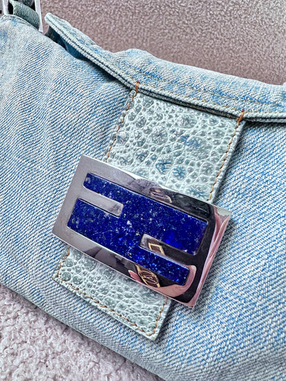 Fendi Denim Lapis Lazuli Exotic Leather Baguette