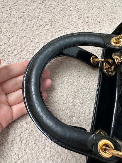 Christian Dior Lady Dior Medium Black Patent Gold Hardware
