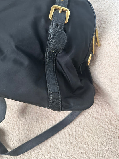 Prada Black Tessuto Leather Trim Top Handle Bag with Strap
