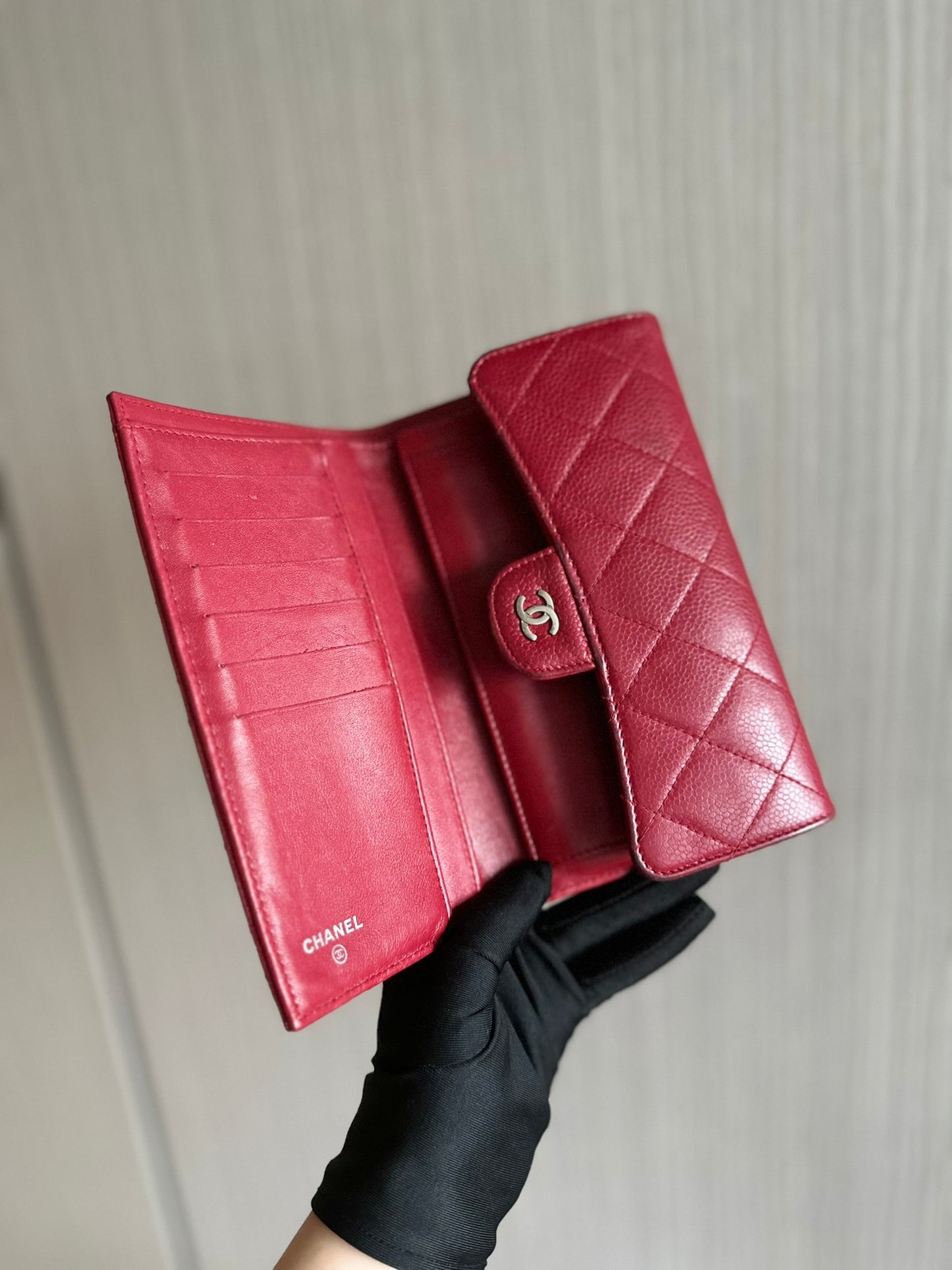 Chanel Caviar Classic Trifold Long Wallet Red Silver Hardware