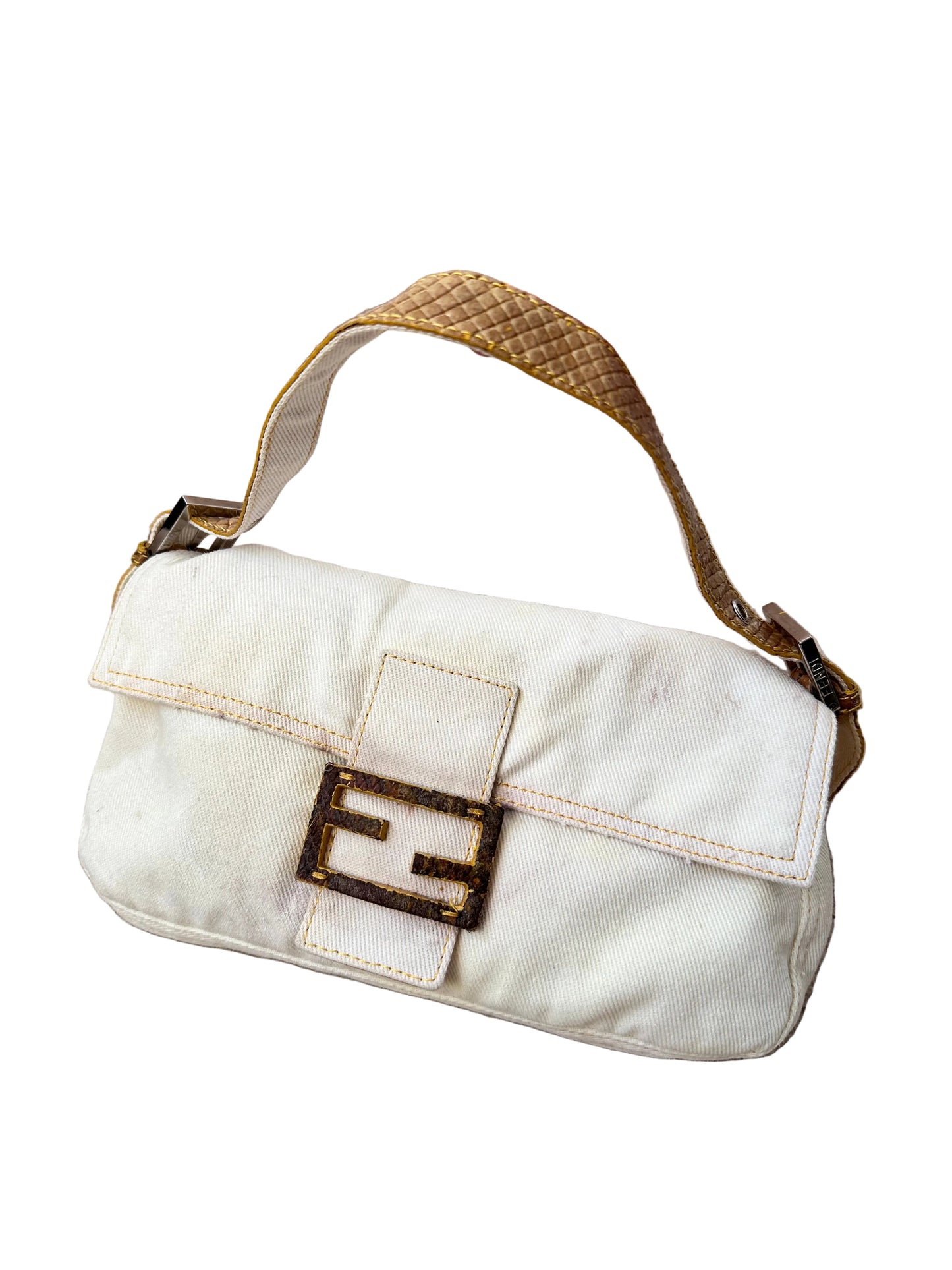 Fendi Yellow Python Trim White Canvas Baguette