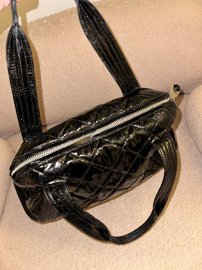 Chanel Large Ligne Bowling Shoulder Tote - Black Patent