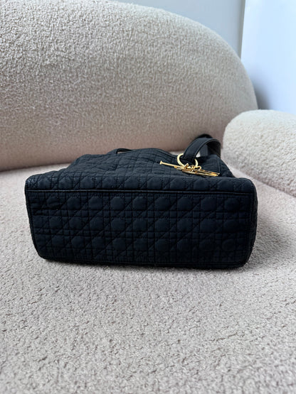 CHRISTIAN DIOR Lady Dior Cannage Preppy Shoulder Camera Tote - Black Nylon / Gold Hardware