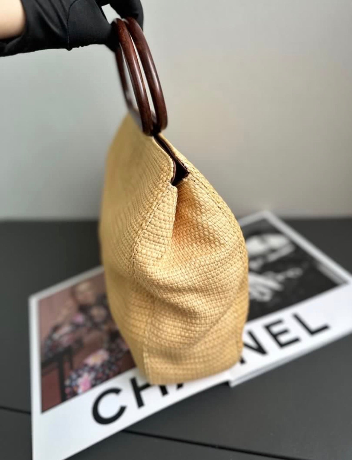 Rare Chanel Wooden Handle Hobo Raffia Tote Bag