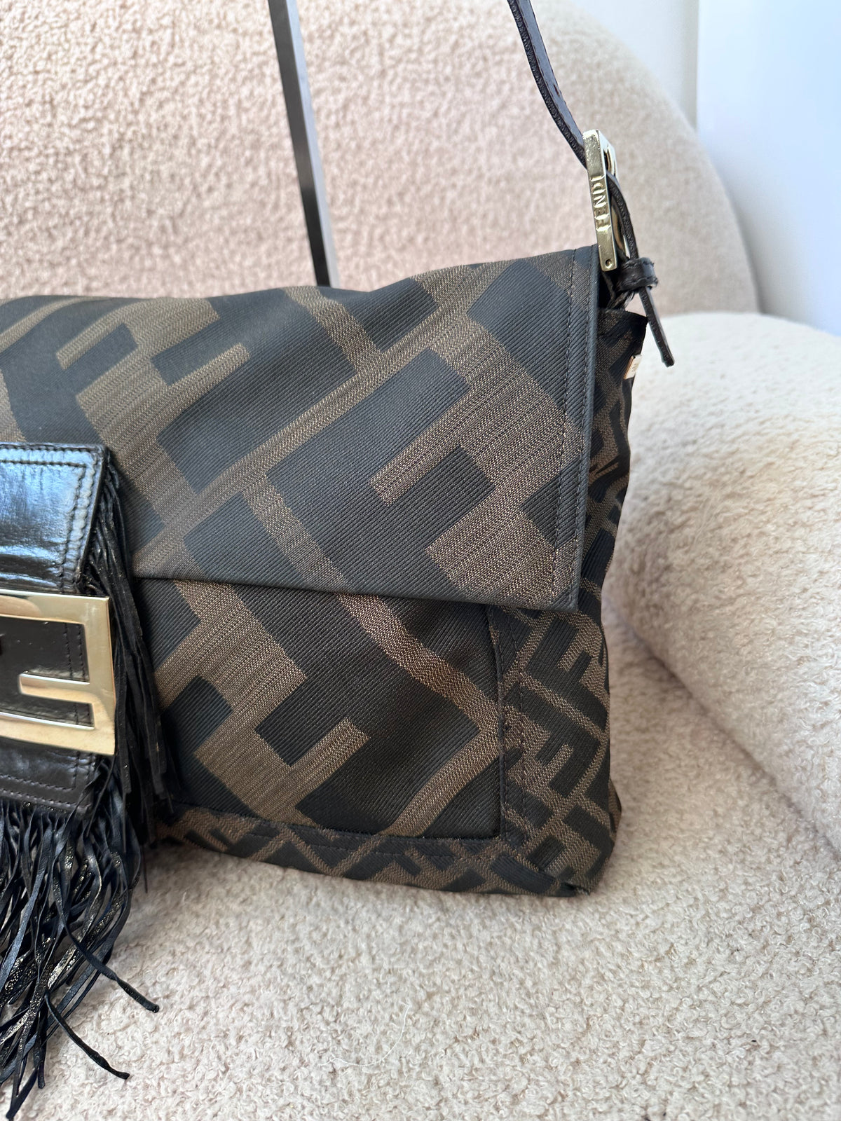 Archive Fendi Maxi Tobacco Zucca Fringe Baguette