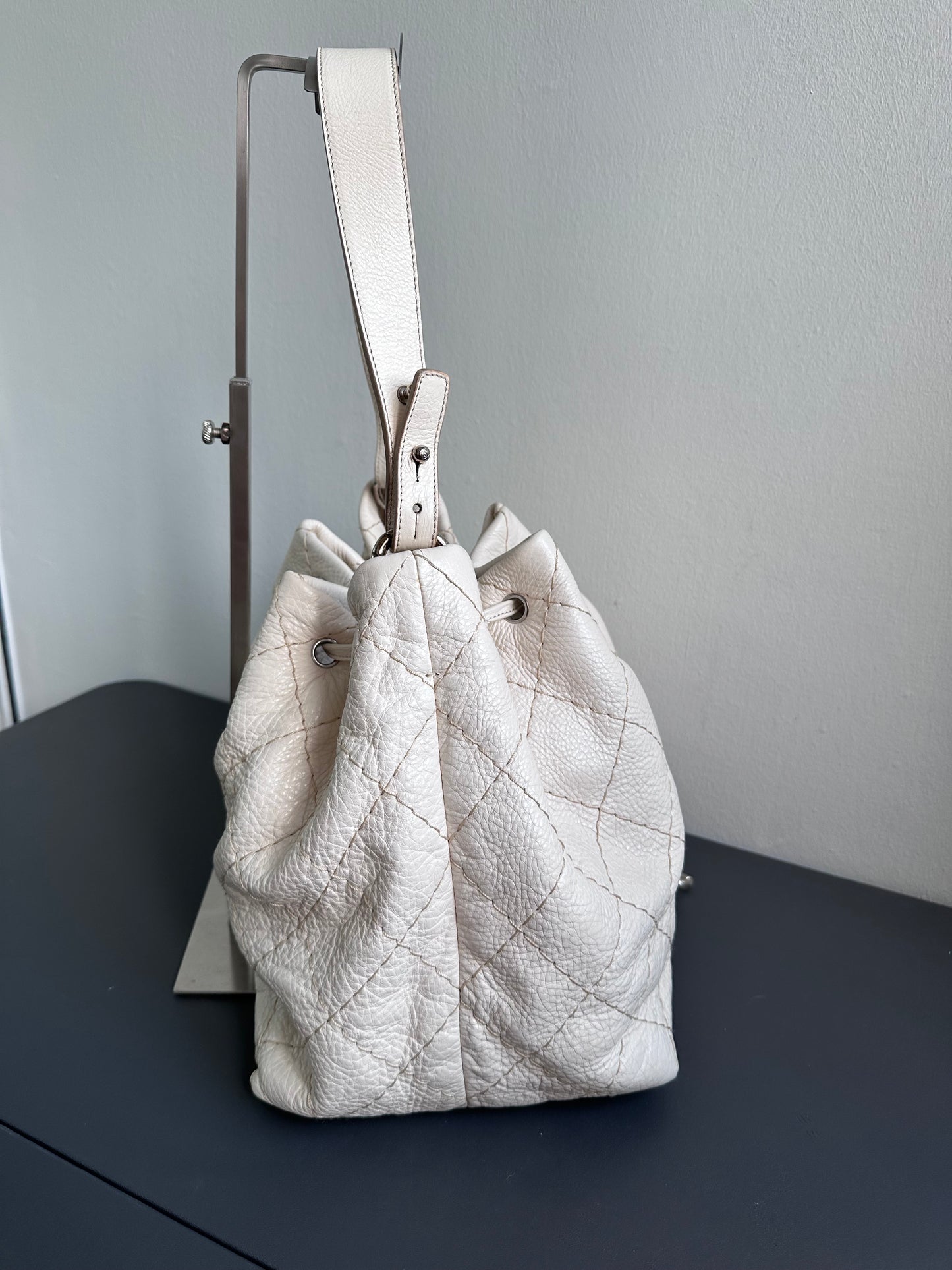 Chanel Maxi Hobo Caviar Bucket Shoulder Bag - Cream Beige / Silver Hardware