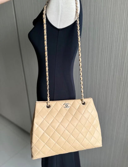 Chanel Vintage Quilted Classic Shoppers Tote Bag - Beige / Silver Hardware