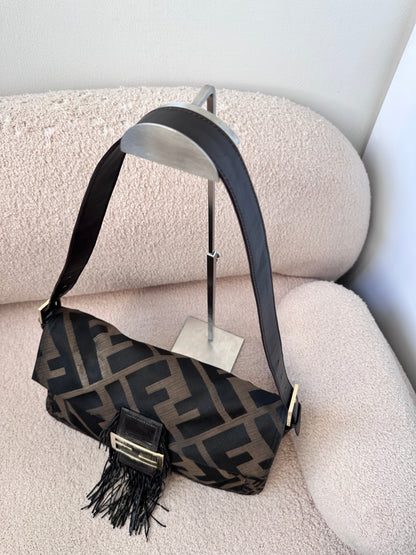 Archive Fendi Maxi Tobacco Zucca Fringe Baguette