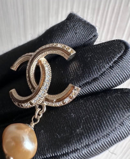 Chanel Dangling Pearl Brooch Bronze Crystals