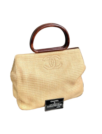 Rare Chanel Wooden Handle Hobo Raffia Tote Bag