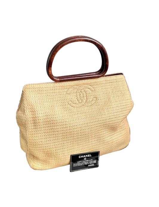 Rare Chanel Wooden Handle Hobo Raffia Tote Bag
